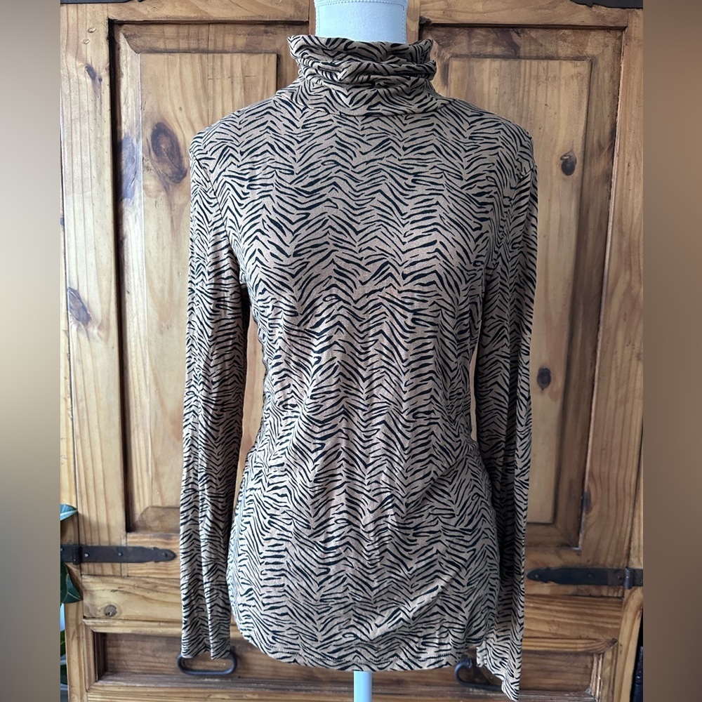 Suzy Shier Tan & Black Zebra Print Turtleneck Top Lightweight Stretchy - M